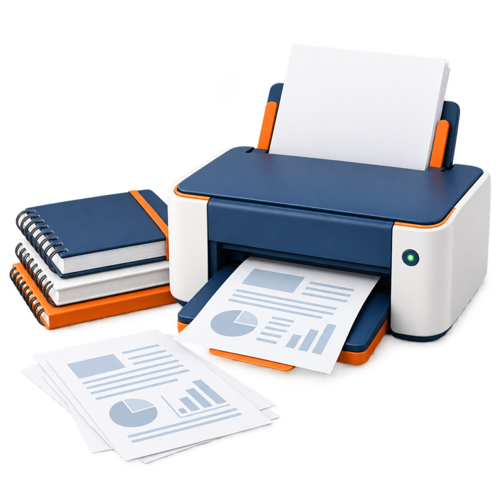Printer with study notes and spiral-bound books